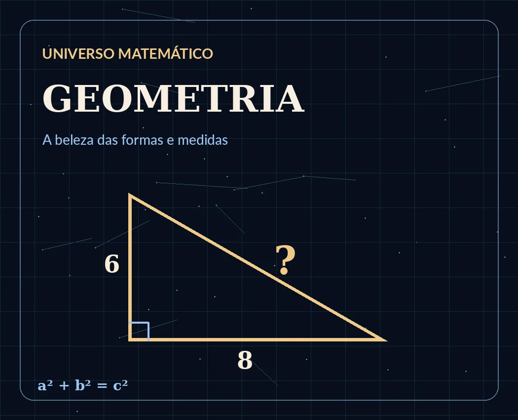 Triângulo retângulo com catetos 6 e 8, representado por linhas geométricas douradas.
